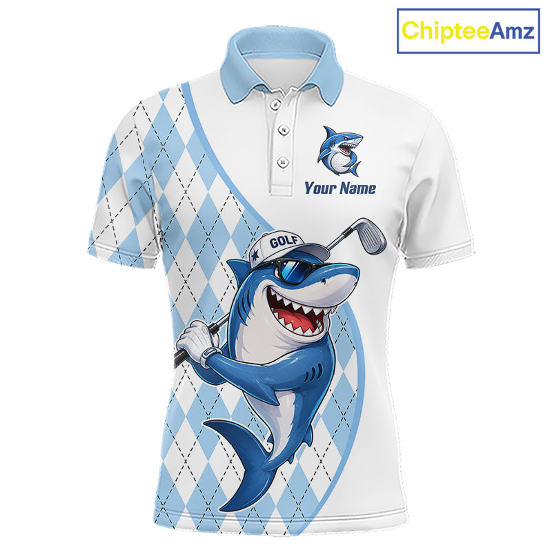 Funny Golf Polo Shirt Argyle Pattern Custom Name Shark Playing Golf Shirt Golf Gifts