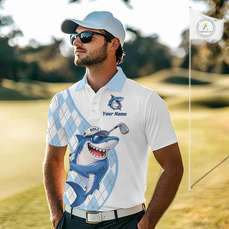 Funny Golf Polo Shirt Argyle Pattern Custom Name Shark Playing Golf Shirt Golf Gifts