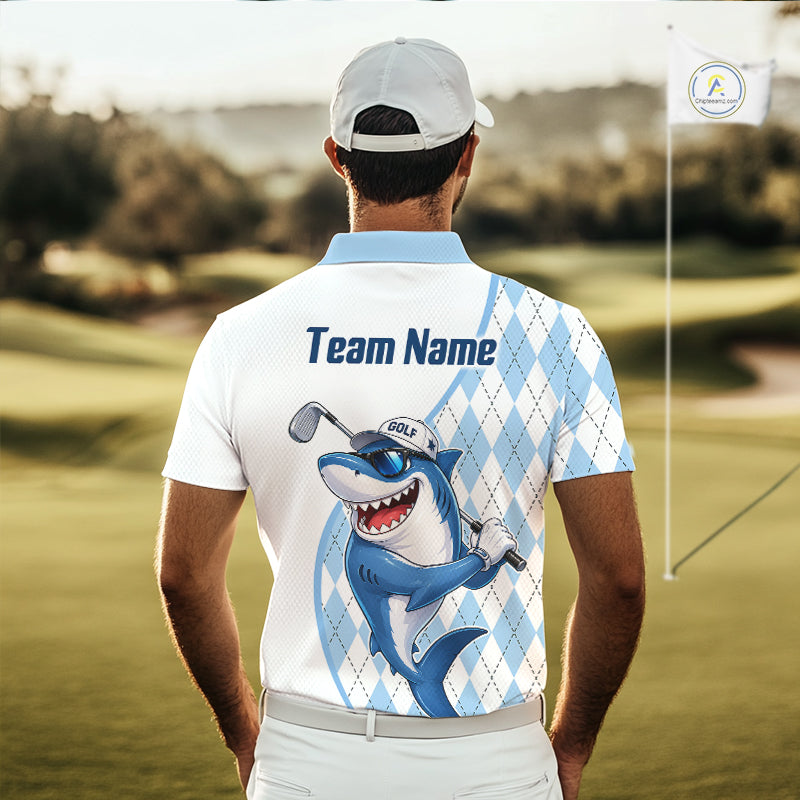 Funny Golf Polo Shirt Argyle Pattern Custom Name Shark Playing Golf Shirt Golf Gifts