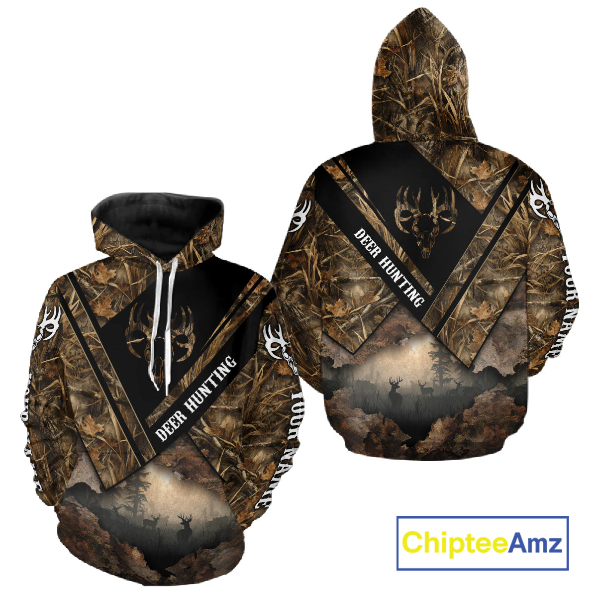 Deer Hunting Shirt Custom Name 3D All Over Print with Deer Skull & Brown Camo For Deer Hunters