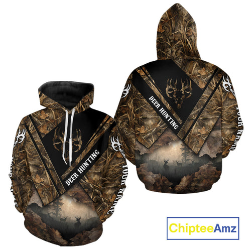 Deer Hunting Shirt Custom Name 3D All Over Print with Deer Skull & Brown Camo For Deer Hunters