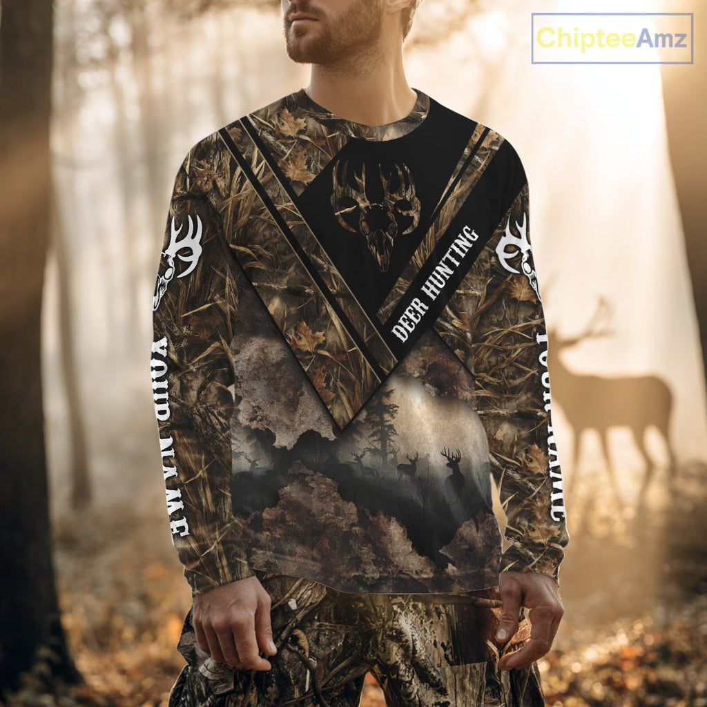 Deer Hunting Shirt Custom Name 3D All Over Print with Deer Skull & Brown Camo For Deer Hunters