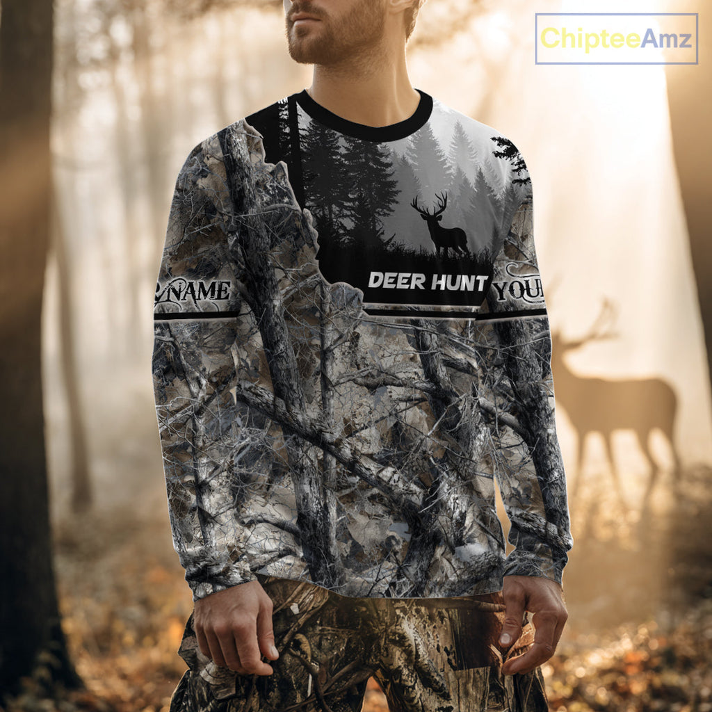 Whitetail Deer Hunting Winter Camouflage 3D Custom Name Shirts, Custom Deer Hunting Winter