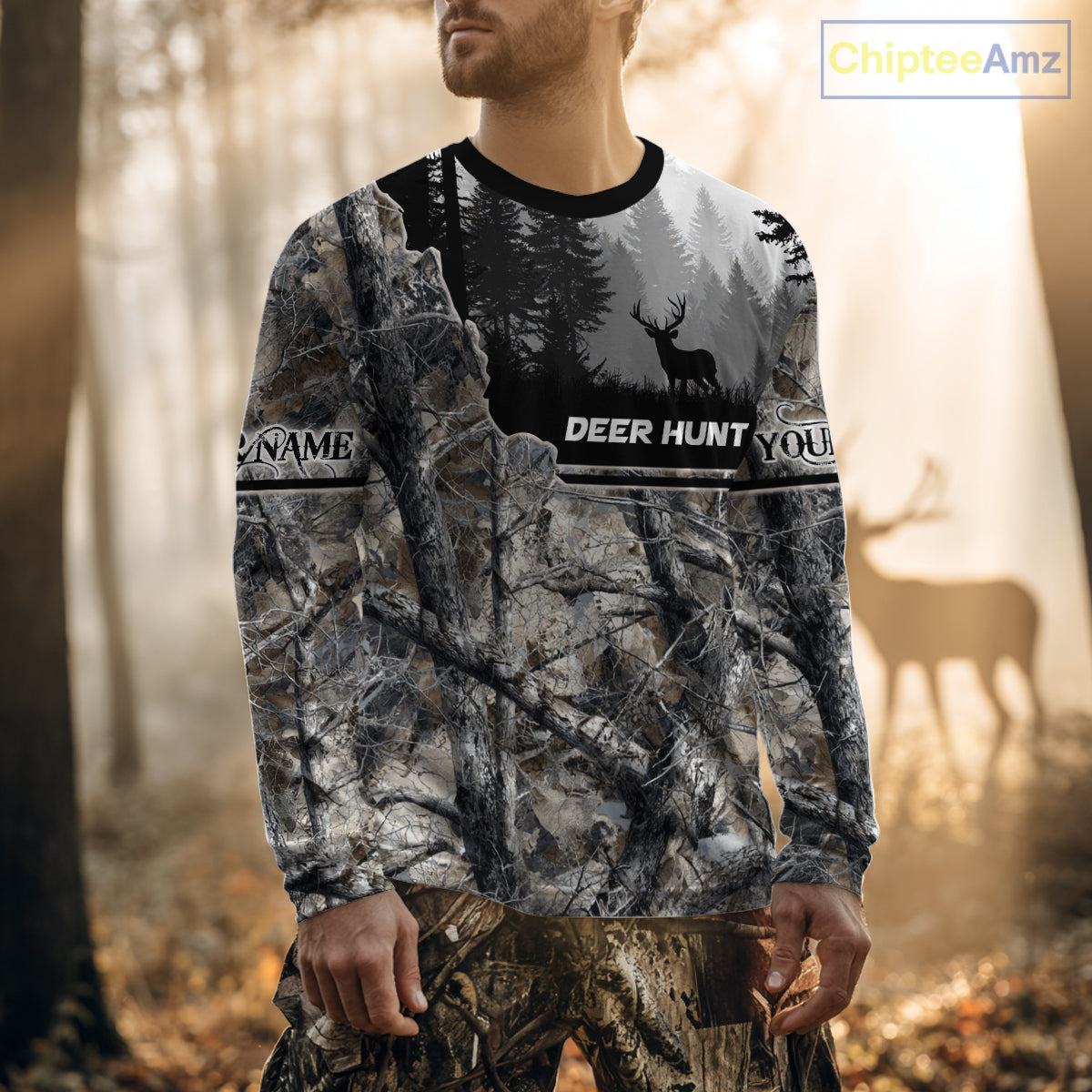 Whitetail Deer Hunting Winter Camouflage 3D Custom Name Shirts, Custom Deer Hunting Winter