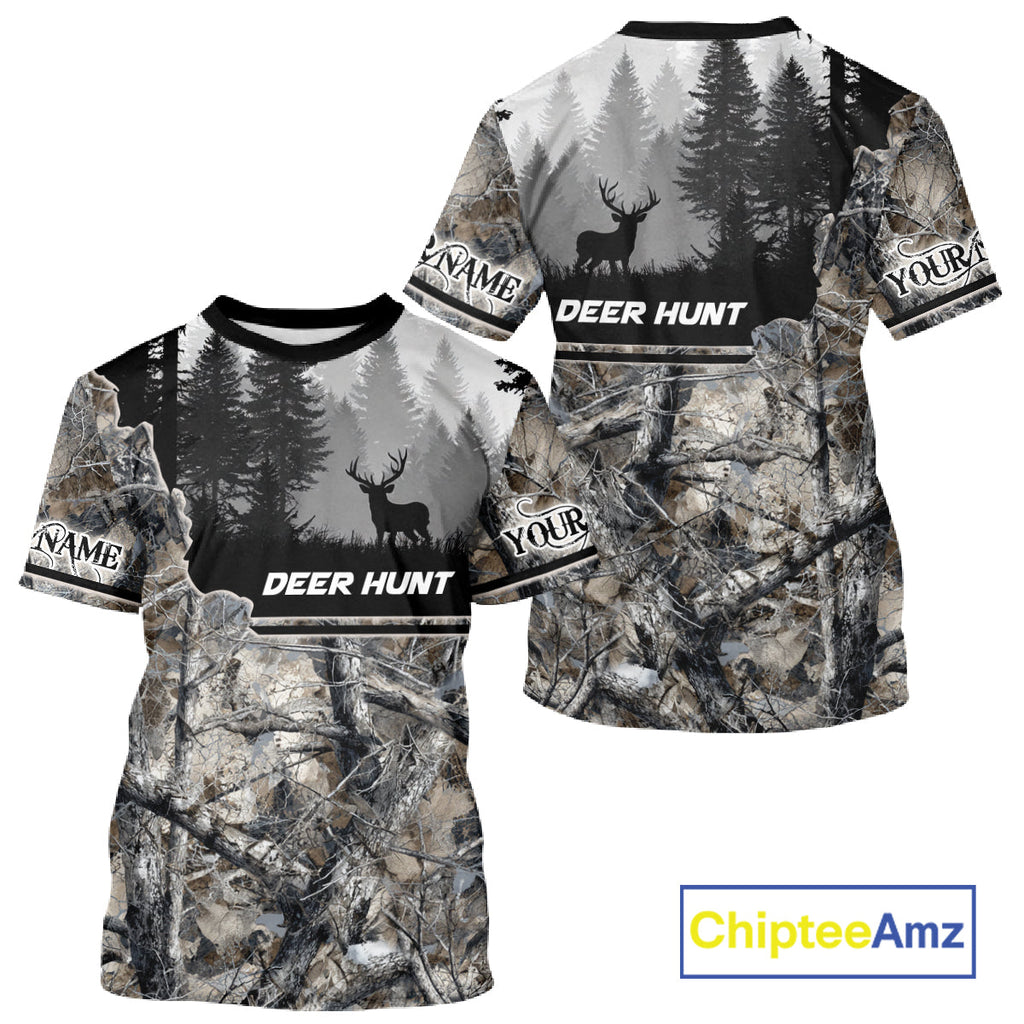 Whitetail Deer Hunting Winter Camouflage 3D Custom Name Shirts, Custom Deer Hunting Winter