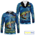 Blue Camo Northern Pike Fishing Custom Performance Long Sleeve Hooded Fishing Shirts Pike Fishing Team Shirts