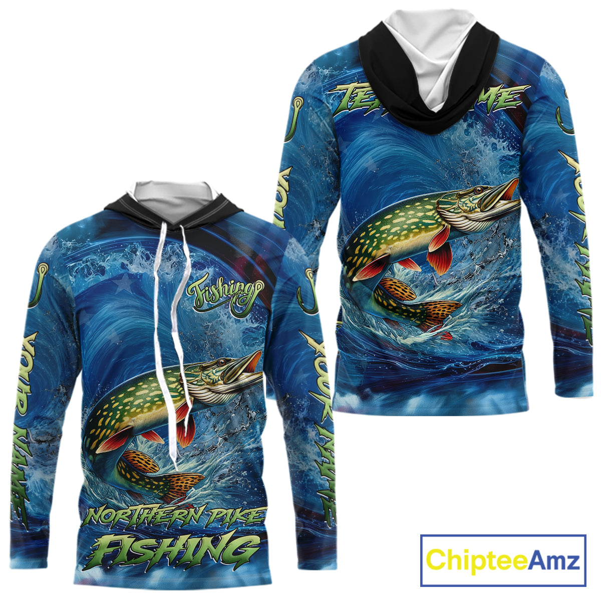 Blue Camo Northern Pike Fishing Custom Performance Long Sleeve Hooded Fishing Shirts Pike Fishing Team Shirts