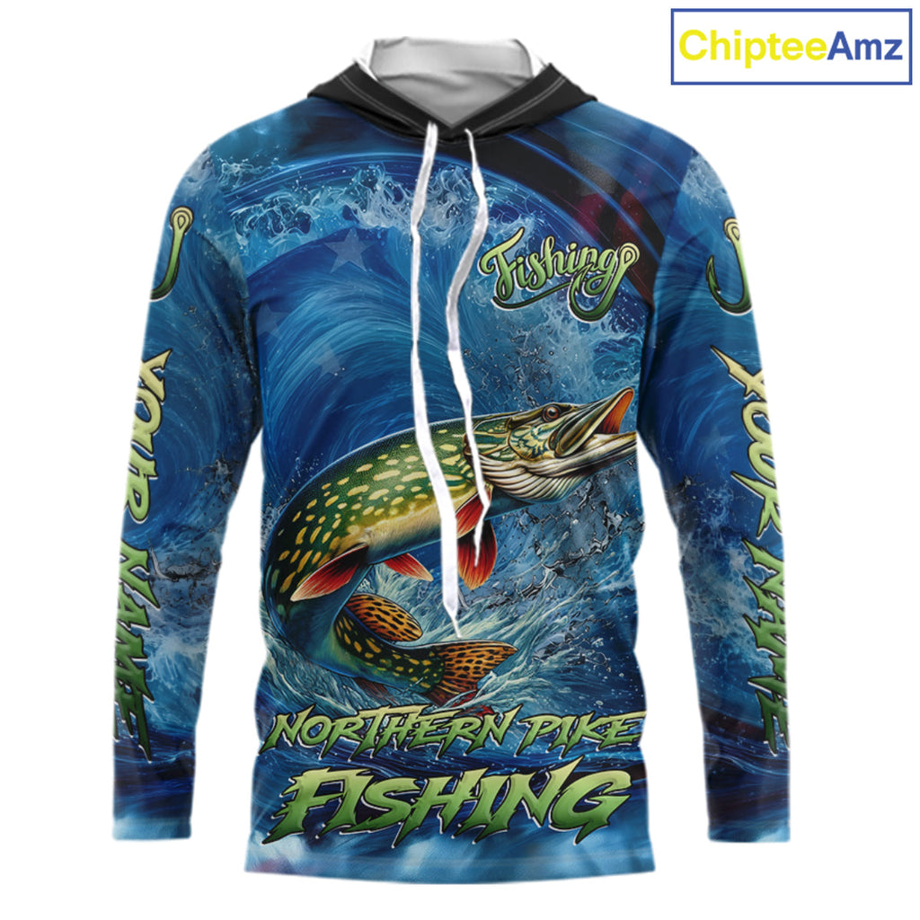 Blue Camo Northern Pike Fishing Custom Performance Long Sleeve Hooded Fishing Shirts Pike Fishing Team Shirts