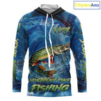 Blue Camo Northern Pike Fishing Custom Performance Long Sleeve Hooded Fishing Shirts Pike Fishing Team Shirts
