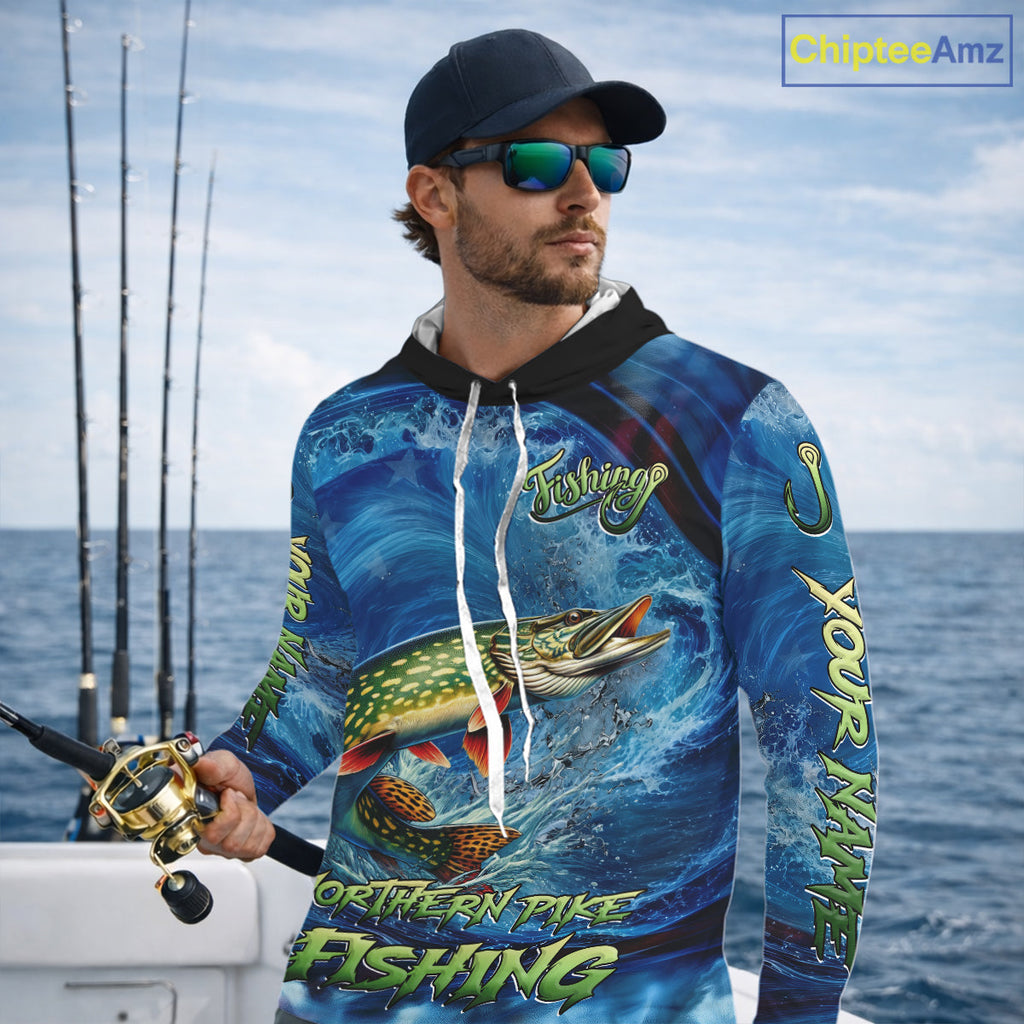 Blue Camo Northern Pike Fishing Custom Performance Long Sleeve Hooded Fishing Shirts Pike Fishing Team Shirts