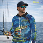 Blue Camo Northern Pike Fishing Custom Performance Long Sleeve Hooded Fishing Shirts Pike Fishing Team Shirts