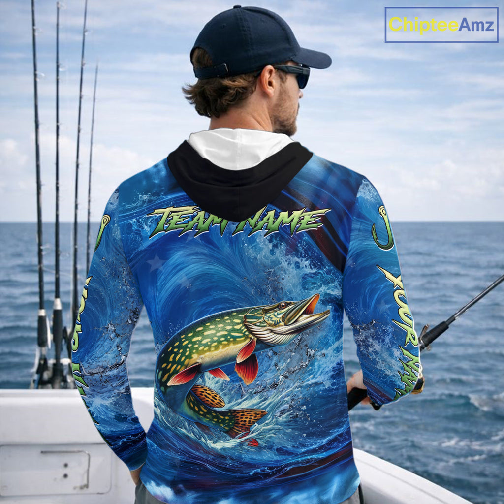 Blue Camo Northern Pike Fishing Custom Performance Long Sleeve Hooded Fishing Shirts Pike Fishing Team Shirts