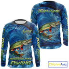Blue Camo Northern Pike Fishing Custom Performance Long Sleeve Fishing Shirts Pike Fishing Team Shirts