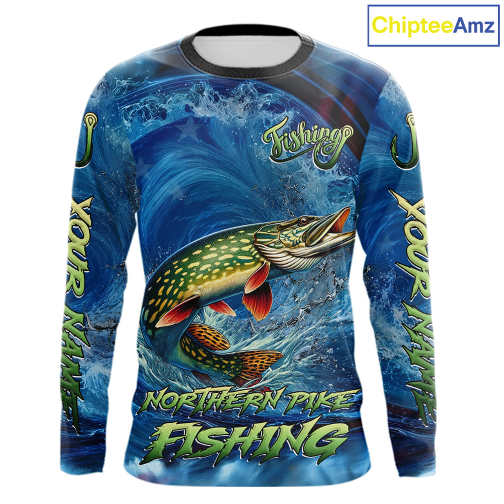 Blue Camo Northern Pike Fishing Custom Performance Long Sleeve Fishing Shirts Pike Fishing Team Shirts