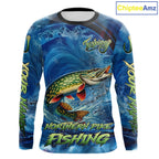 Blue Camo Northern Pike Fishing Custom Performance Long Sleeve Fishing Shirts Pike Fishing Team Shirts