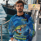Blue Camo Northern Pike Fishing Custom Performance Long Sleeve Fishing Shirts Pike Fishing Team Shirts