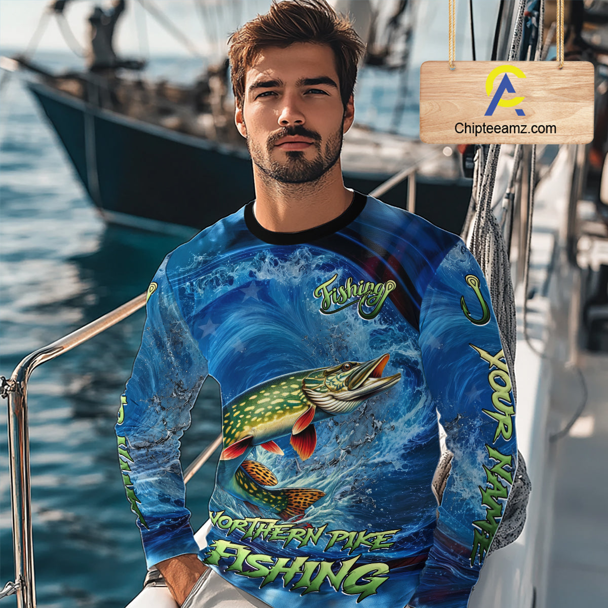 Blue Camo Northern Pike Fishing Custom Performance Long Sleeve Fishing Shirts Pike Fishing Team Shirts