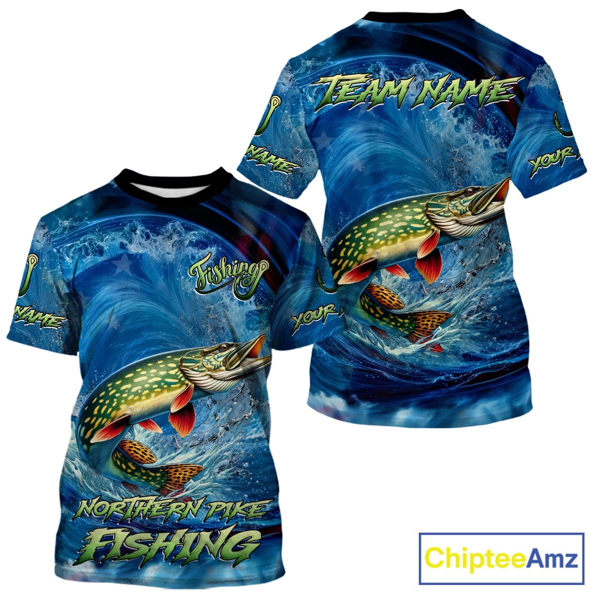 Blue Camo Northern Pike Fishing Custom Performance Fishing T-Shirts Pike Fishing Team Shirts