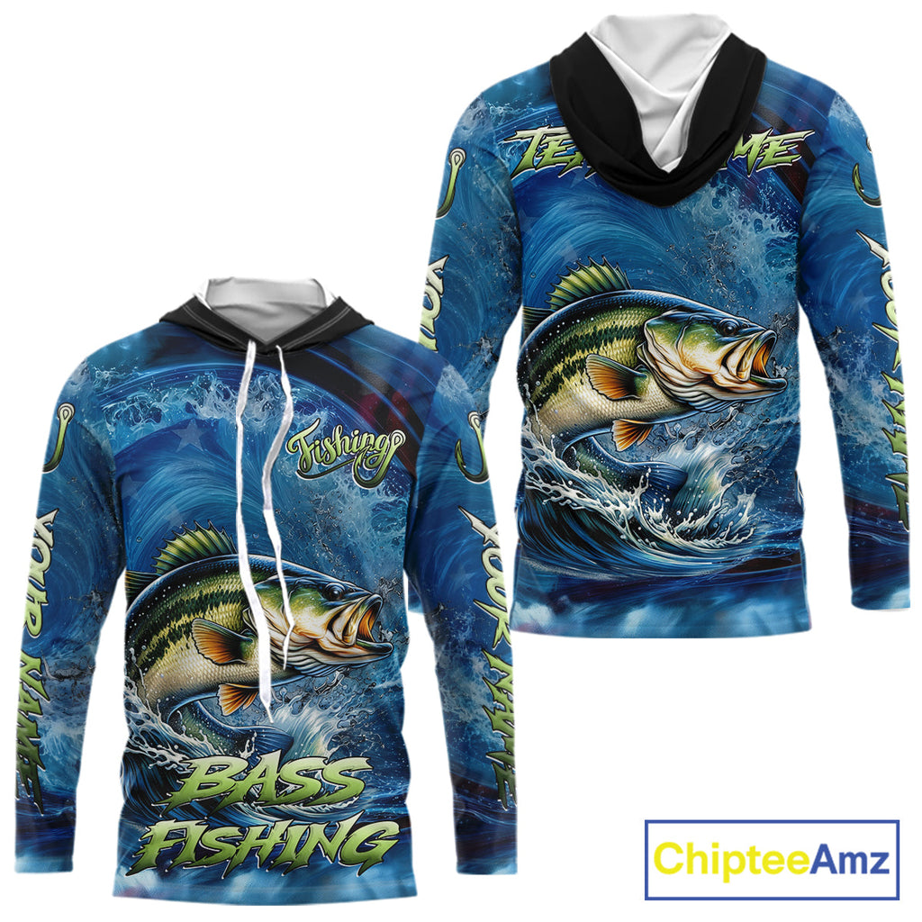 Blue Camo Bass Fishing Custom Performance Long Sleeve Hooded Fishing Shirts Bass Fishing Team Shirts