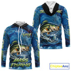 Blue Camo Bass Fishing Custom Performance Long Sleeve Hooded Fishing Shirts Bass Fishing Team Shirts