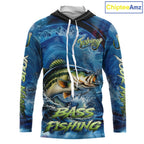 Blue Camo Bass Fishing Custom Performance Long Sleeve Hooded Fishing Shirts Bass Fishing Team Shirts