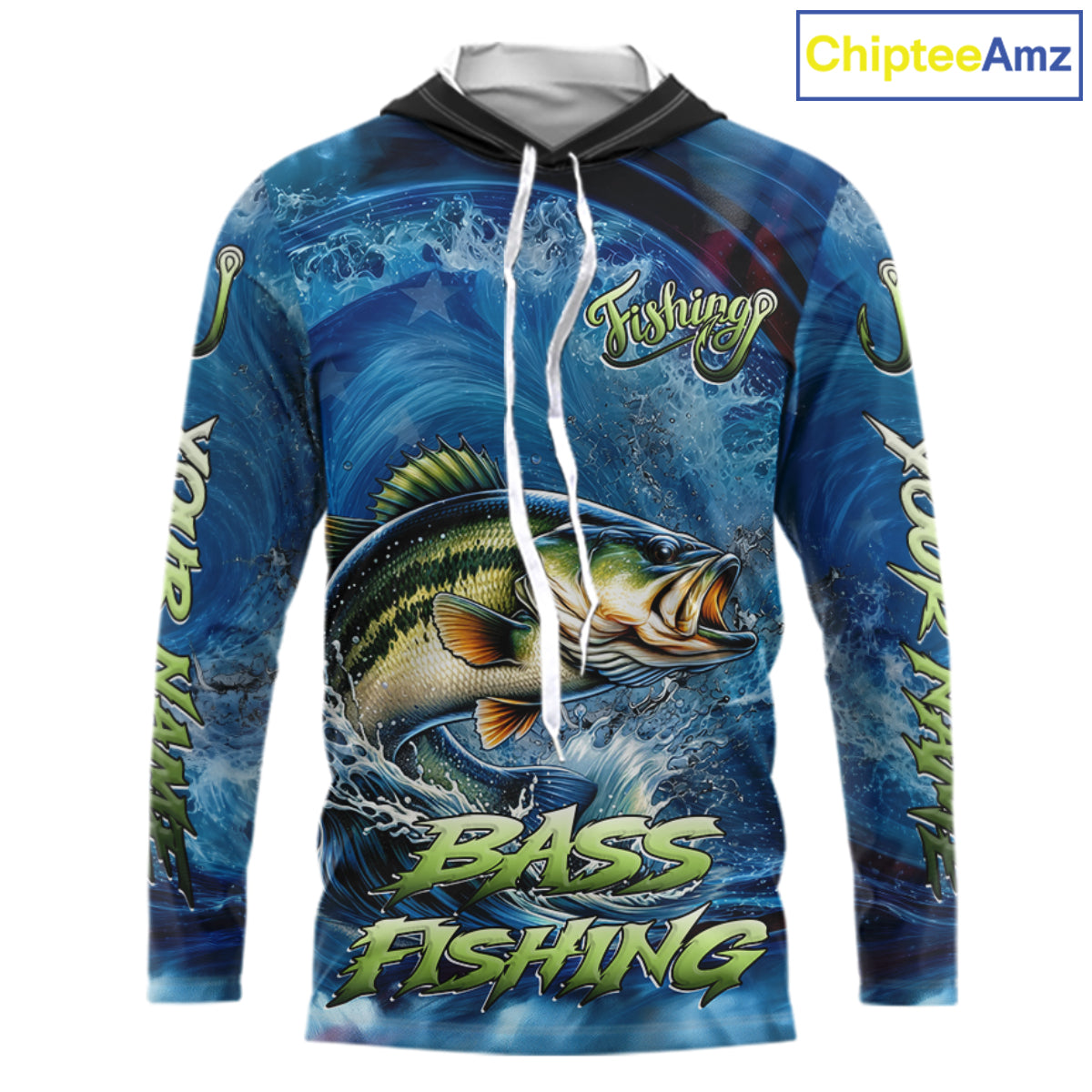 Blue Camo Bass Fishing Custom Performance Long Sleeve Hooded Fishing Shirts Bass Fishing Team Shirts