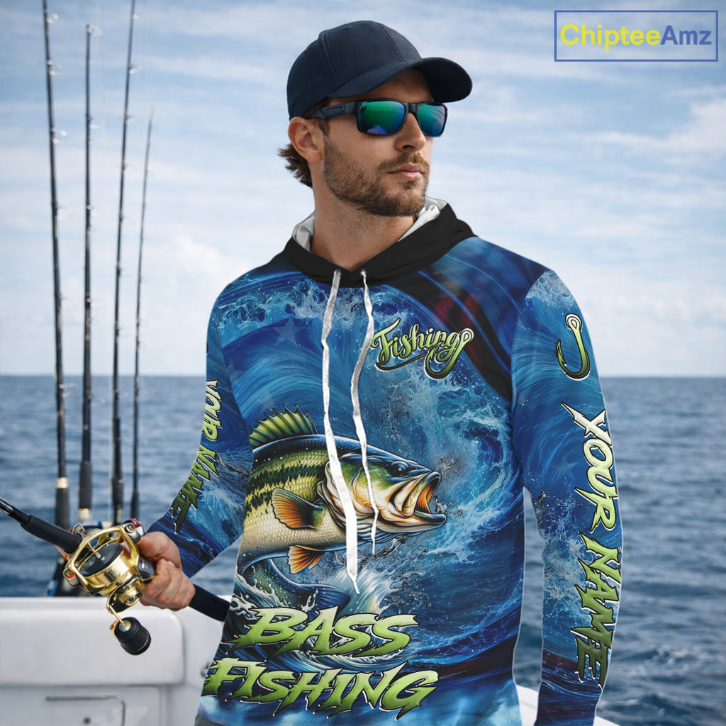 Blue Camo Bass Fishing Custom Performance Long Sleeve Hooded Fishing Shirts Bass Fishing Team Shirts