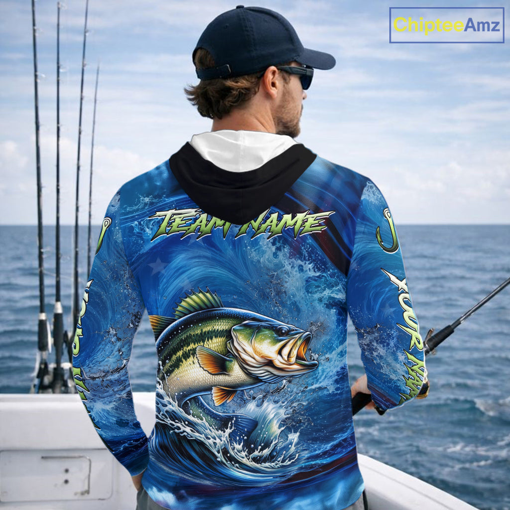 Blue Camo Bass Fishing Custom Performance Long Sleeve Hooded Fishing Shirts Bass Fishing Team Shirts