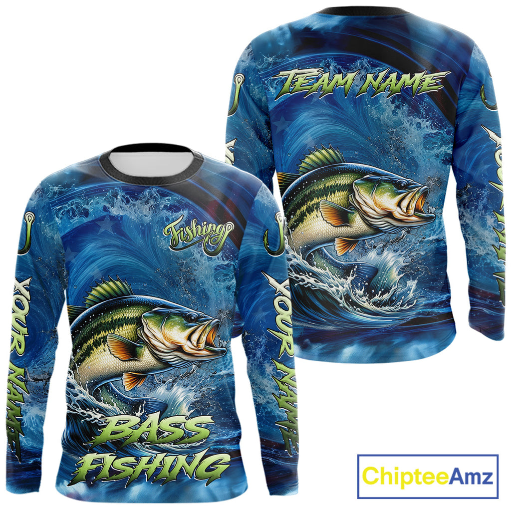 Blue Camo Bass Fishing Custom Performance Long Sleeve Fishing Shirts Bass Fishing Team Shirts