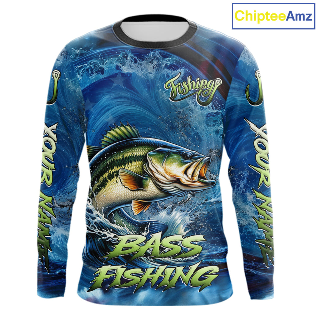 Blue Camo Bass Fishing Custom Performance Long Sleeve Fishing Shirts Bass Fishing Team Shirts