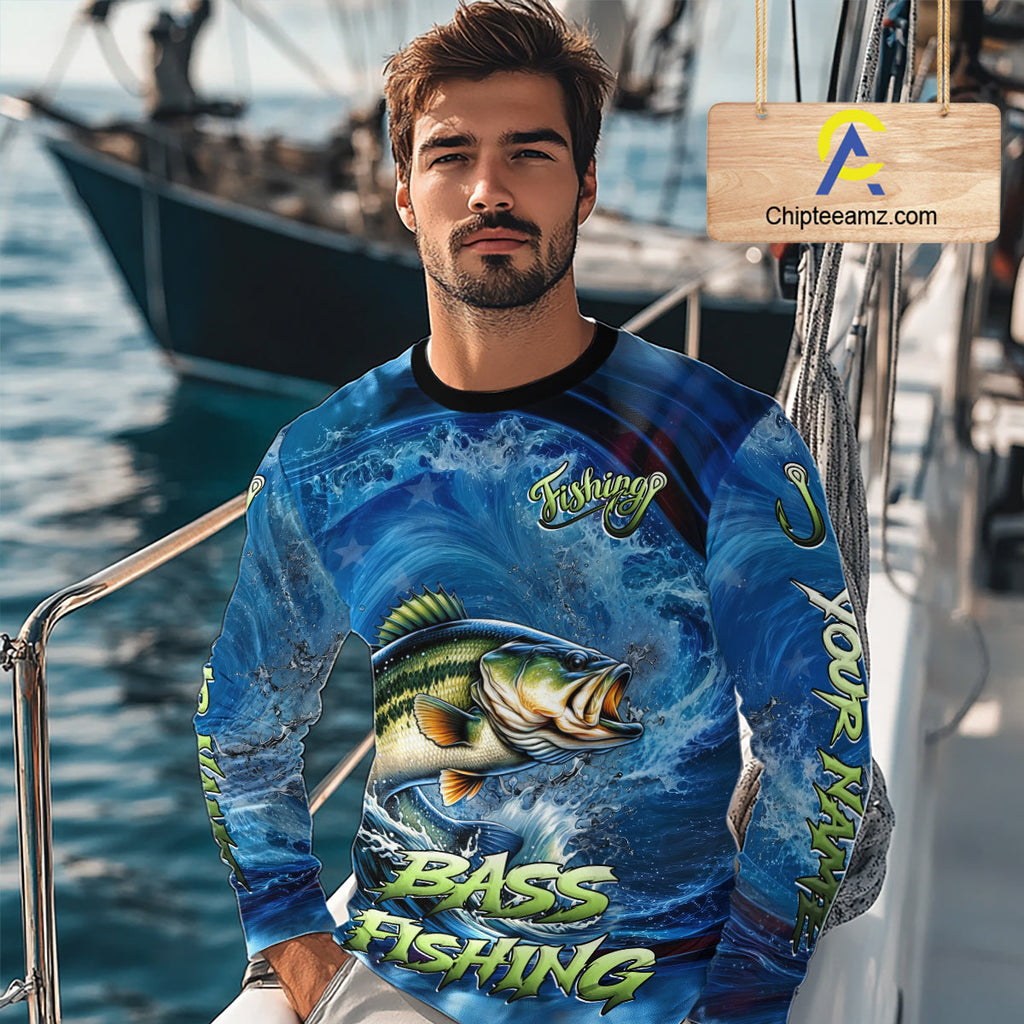 Blue Camo Bass Fishing Custom Performance Long Sleeve Fishing Shirts Bass Fishing Team Shirts