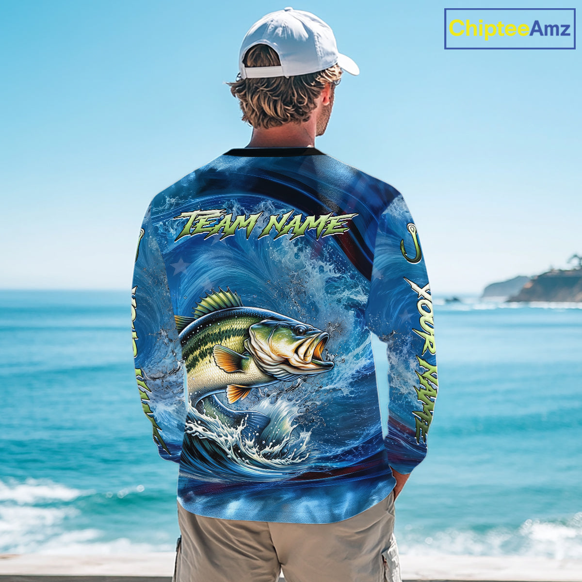 Blue Camo Bass Fishing Custom Performance Long Sleeve Fishing Shirts Bass Fishing Team Shirts
