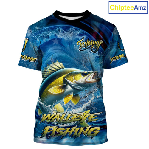 Blue Camo Walleye Fishing Custom Performance Fishing T-Shirts Walleye Fishing Team Shirts