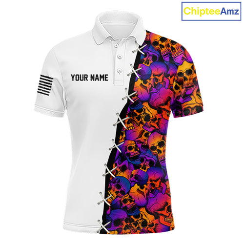 Colorful Skull American Flag Polo Shirt Tournament Golf Shirts Halloween Golf Gifts