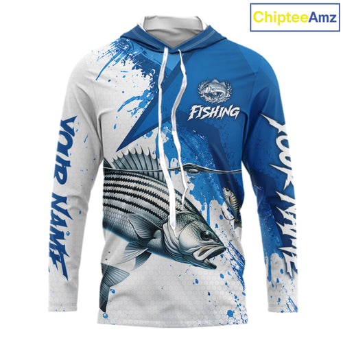 Personalized Striped Bass Long Sleeve Hooded Performance Fishing Shirts, Striper Team Fishing Jerseys