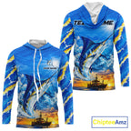 Blue Marlin Fish Scales Custom Saltwater Fishing Shirts, Marlin Long Sleeve Hooded Fishing Jerseys For Team