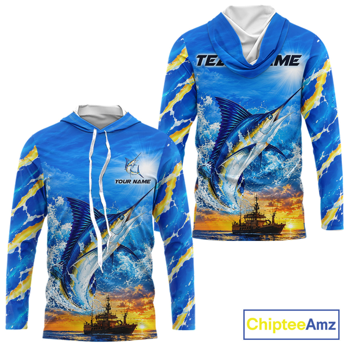 Blue Marlin Fish Scales Custom Saltwater Fishing Shirts, Marlin Long Sleeve Hooded Fishing Jerseys For Team