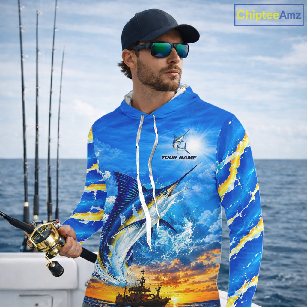 Blue Marlin Fish Scales Custom Saltwater Fishing Shirts, Marlin Long Sleeve Hooded Fishing Jerseys For Team