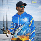 Blue Marlin Fish Scales Custom Saltwater Fishing Shirts, Marlin Long Sleeve Hooded Fishing Jerseys For Team
