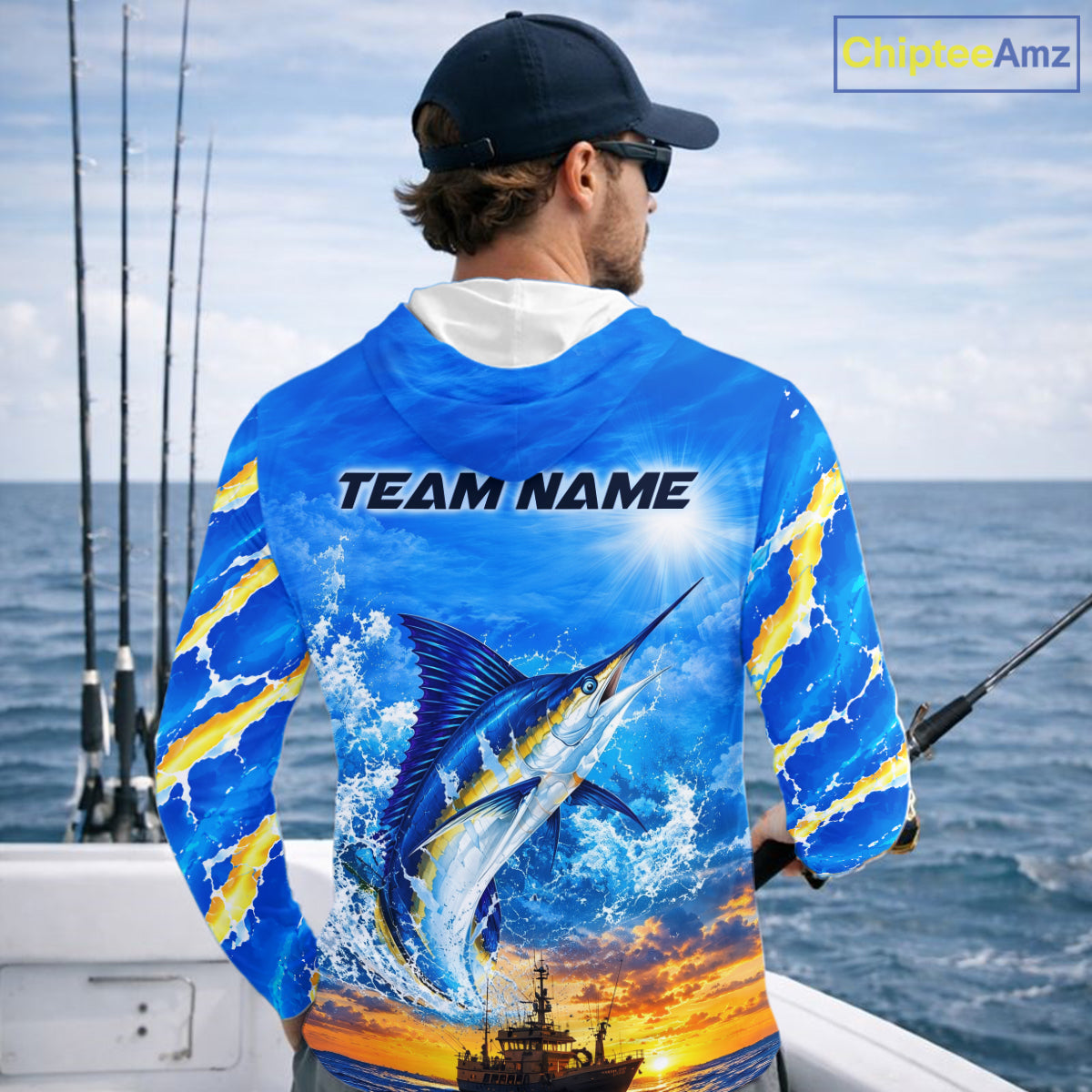 Blue Marlin Fish Scales Custom Saltwater Fishing Shirts, Marlin Long Sleeve Hooded Fishing Jerseys For Team