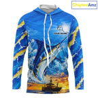 Blue Marlin Fish Scales Custom Saltwater Fishing Shirts, Marlin Long Sleeve Hooded Fishing Jerseys For Team