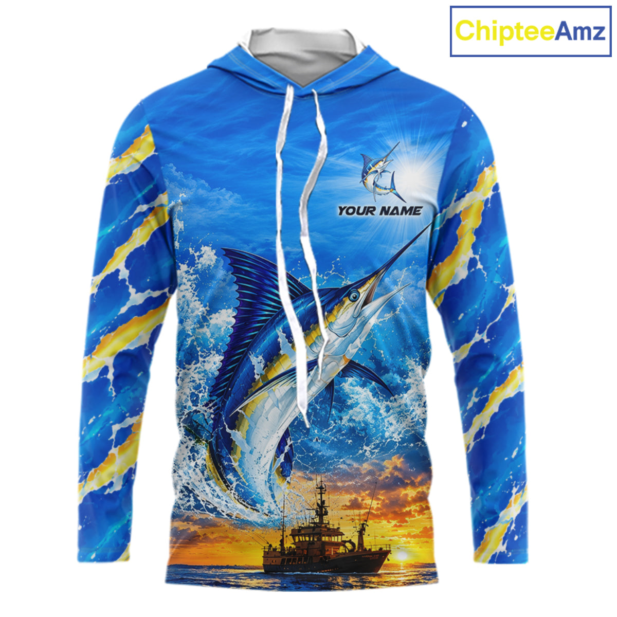 Blue Marlin Fish Scales Custom Saltwater Fishing Shirts, Marlin Long Sleeve Hooded Fishing Jerseys For Team
