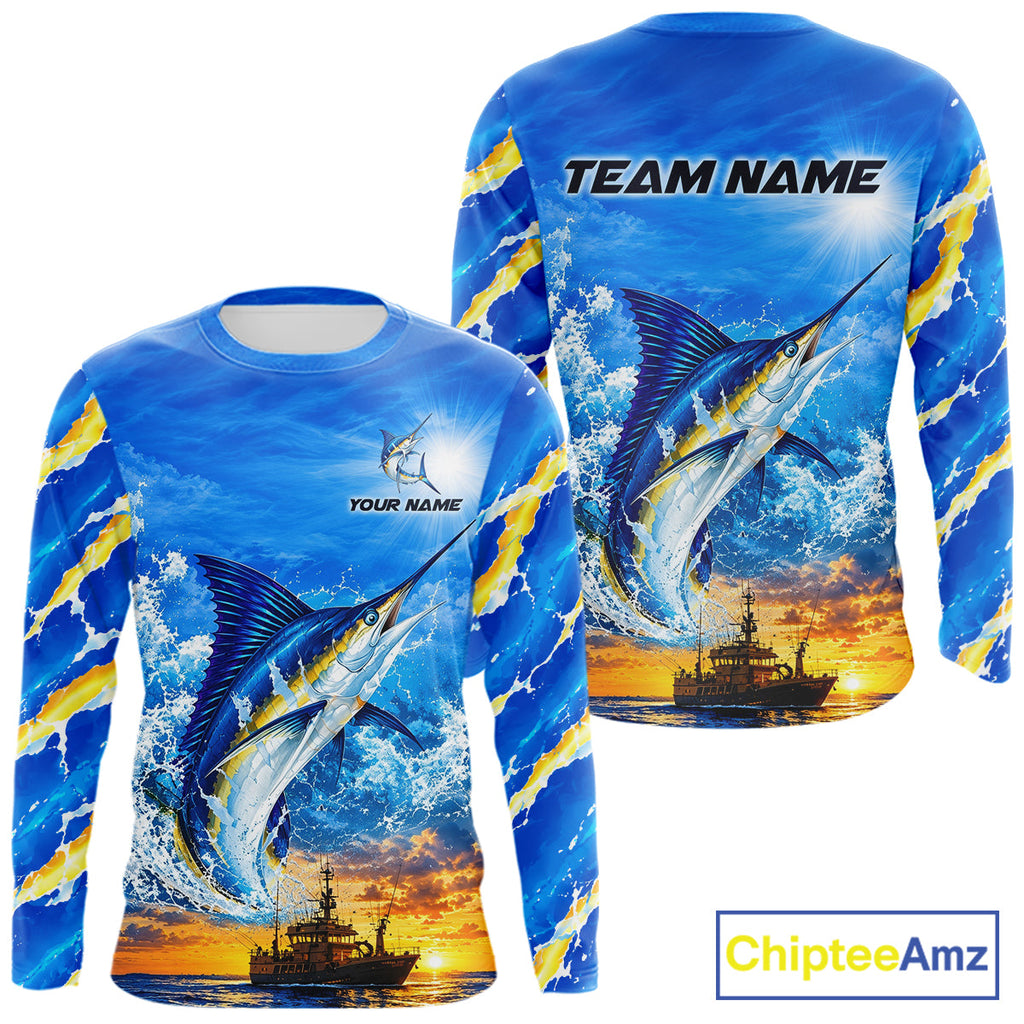 Blue Marlin Fish Scales Custom Saltwater Fishing Shirts, Marlin Long Sleeve Fishing Jerseys For Team