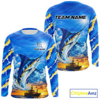 Blue Marlin Fish Scales Custom Saltwater Fishing Shirts, Marlin Long Sleeve Fishing Jerseys For Team