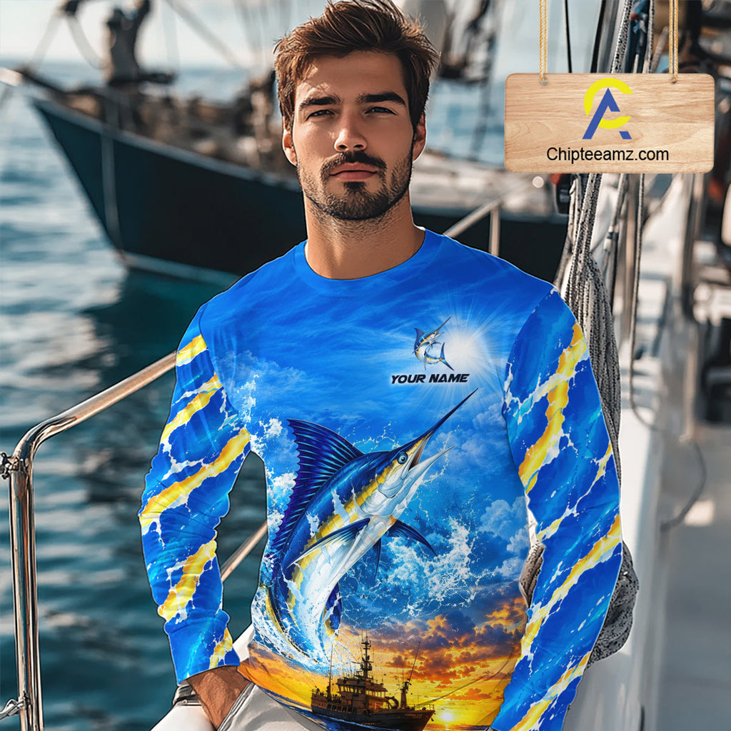 Blue Marlin Fish Scales Custom Saltwater Fishing Shirts, Marlin Long Sleeve Fishing Jerseys For Team