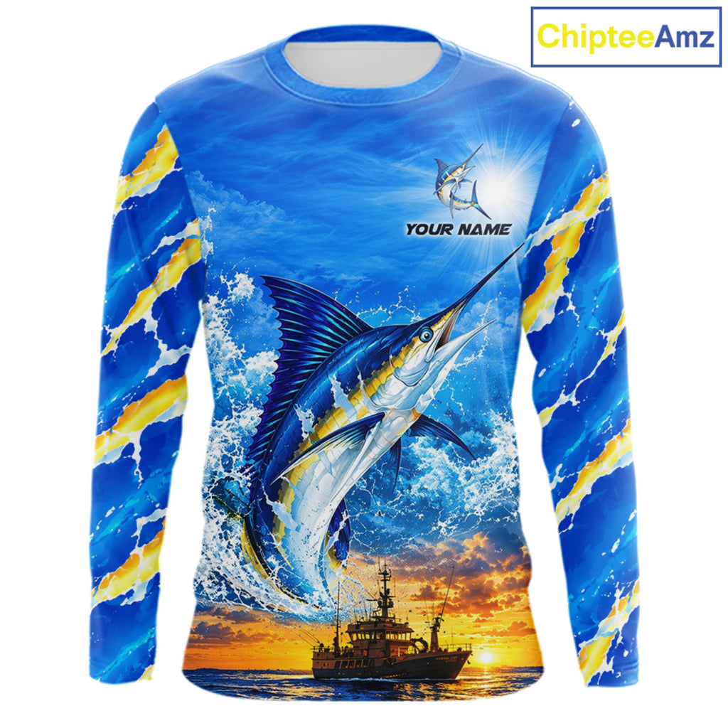 Blue Marlin Fish Scales Custom Saltwater Fishing Shirts, Marlin Long Sleeve Fishing Jerseys For Team