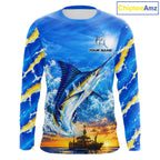 Blue Marlin Fish Scales Custom Saltwater Fishing Shirts, Marlin Long Sleeve Fishing Jerseys For Team