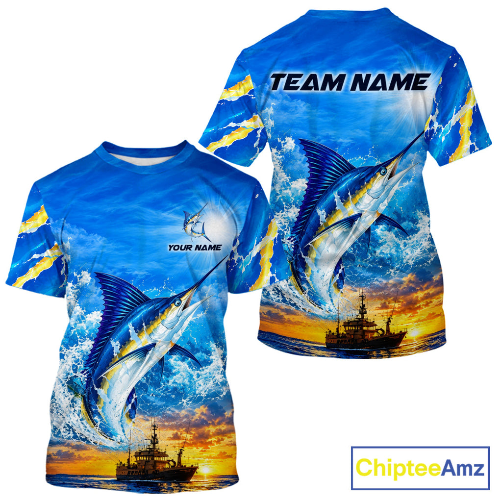 Blue Marlin Fish Scales Custom Saltwater Fishing T-Shirts, Marlin Fishing Jerseys For Team
