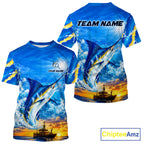 Blue Marlin Fish Scales Custom Saltwater Fishing T-Shirts, Marlin Fishing Jerseys For Team