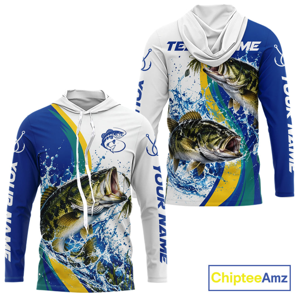 Largemouth Bass Fishing Blue Camo Custom Name Long Sleeves Hooded Fishing Shirts, Bass Fishing Jersey